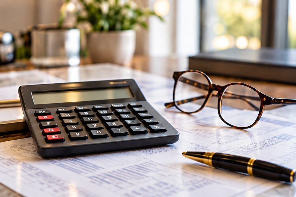 Calculator, glasses and pen on financial statements