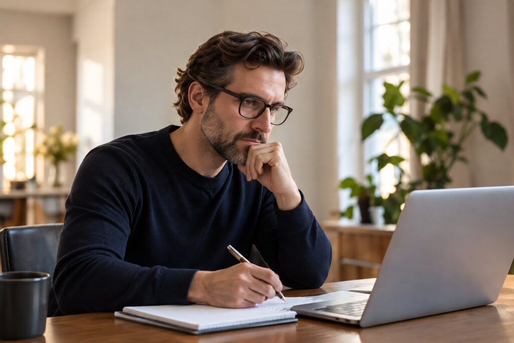 Investor reviewing his portfolio at a laptop